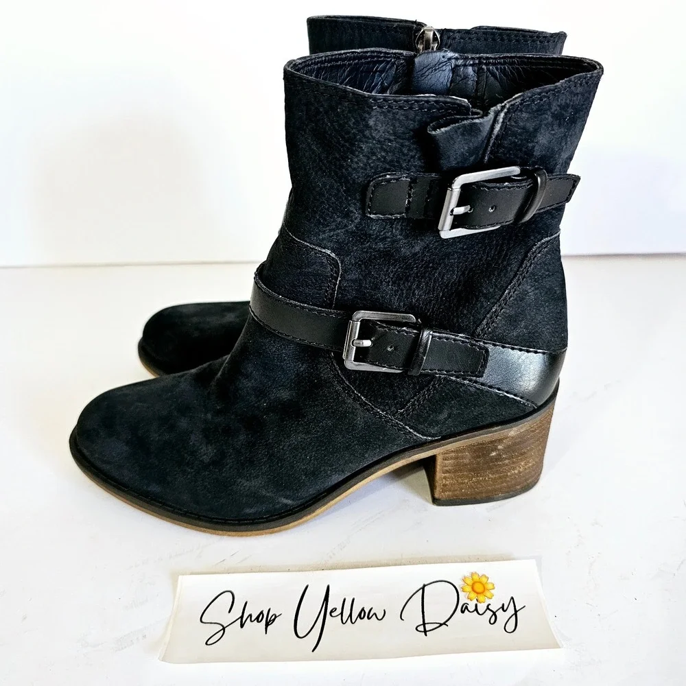 Franco Sarto Womens Black Leather Biker Boots Side Zipper Buckles Sz 7 - Sh441.2